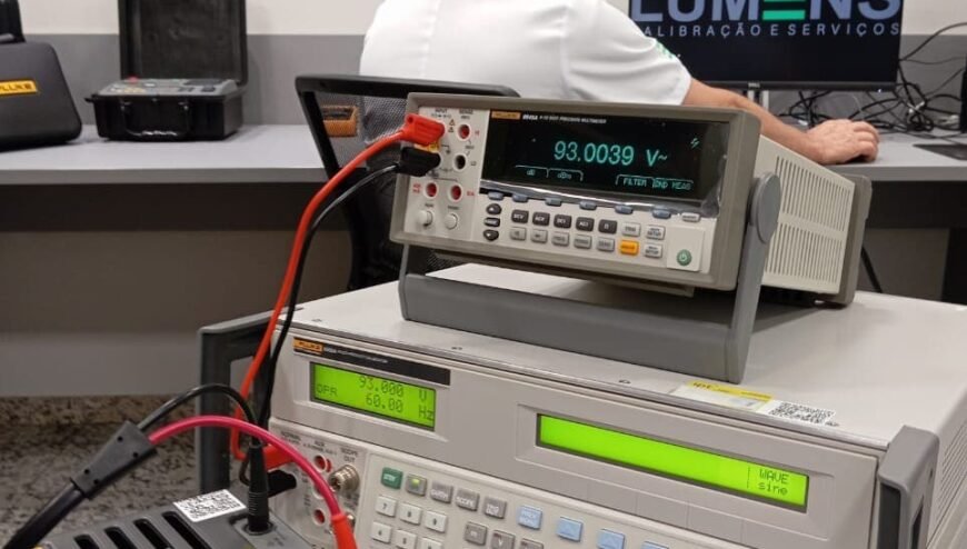 A calibração de instrumentos de medição é fundamental para um bom controle de processo de produção e diagnóstico em uma empresa. Descrição da imagem: Um multímetro digital de referência, usado na calibração de instrumentos de medição, o multímetro encontra-se sobre uma bancada de cor cinza em um laboratório de calibração. A Lumens Calibração situado em Guarulhos, São Paulo. Realizamos atendimento em todo Brasil. Um técnico da Empresa Lumens Calibração realizando a calibração de um instrumento de medição chamado alicate amperímetro, na bancada de calibração há um computador preto com o logo da empresa Lumens, ao lado esquerdo há um padrão de teste e uma bobina geradora de corrente para calibração do sensor de corrente do alicate amperímetro. A Lumens Calibração situado em Guarulhos, São Paulo. Realizamos atendimento em todo Brasil.