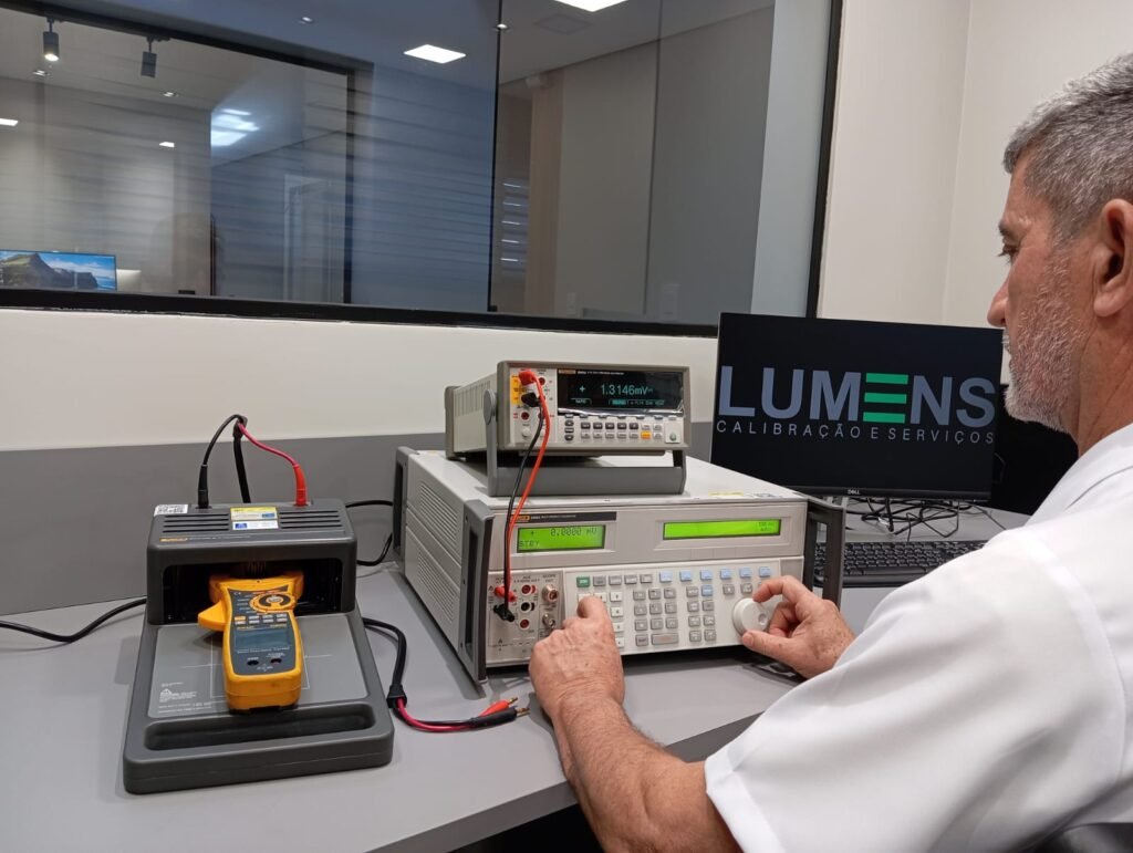 A calibração de equipamentos de medição é fundamental para um bom controle de processo de produção e diagnóstico. Descrição da imagem: Um técnico da Empresa Lumens Calibração realizando a calibração de um instrumento de medição chamado alicate amperímetro, na bancada de calibração há um computador preto com o logo da empresa Lumens, ao lado esquerdo há um padrão de teste e uma bobina geradora de corrente para calibração do sensor de corrente do alicate amperímetro. A Lumens Calibração situado em Guarulhos, São Paulo. Realizamos atendimento em todo Brasil.