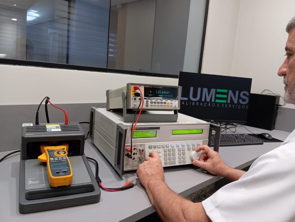 A calibração de instrumentos de medição é fundamental para um bom controle de processo de produção e diagnóstico. Descrição da imagem: Um técnico da Empresa Lumens Calibração realizando a calibração de um instrumento de medição chamado alicate amperímetro, na bancada de calibração há um computador preto com o logo da empresa Lumens, ao lado esquerdo há um padrão de teste e uma bobina geradora de corrente para calibração do sensor de corrente do alicate amperímetro. A Lumens Calibração situado em Guarulhos, São Paulo. Realizamos atendimento em todo Brasil.
